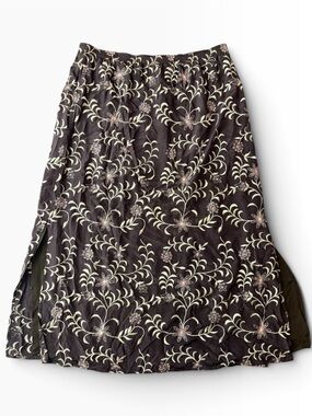 Elana by Tanner Size 16 100% Silk Embroidered Floral Midi Skirt Brown Lined